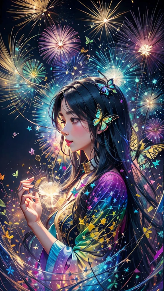 Swallowtail butterfly、Surrounded by butterflieysterious Landscape、firework、firework大会、Rainbow colorsのfireworkが打ちあがっている瞬間、夜nullとともに、サイバーパンクな景色で壮大なfirework、future都市、Highest quality、masterpiece, (Diffuse reflection of light:1.2), When the fantastic rainbow turns into shadow, bathed in a mystical atmosphere.Swallowtail butterflyたちも見ています, Cast magic spells. evoke a sense of wonder and awe. A fusion of natural grandeur and magic, Weaving dreams into reality. Behold, null, And the unknown, Fleeting、And an eternal moment, 16K, Ultra-high resolution.Realistic, Ultra-high resolution, to be born,future、Rainbow colorsに光り輝く、Rainbow colors、The world 30 years from now。