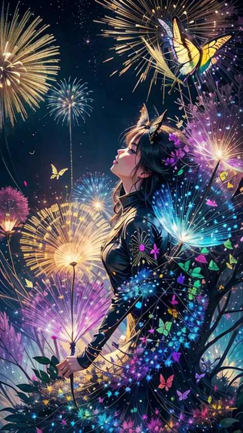 Swallowtail butterfly、Surrounded by butterflieysterious Landscape、firework、firework大会、Rainbow colorsのfireworkが打ちあがっている瞬間、夜nullとと...