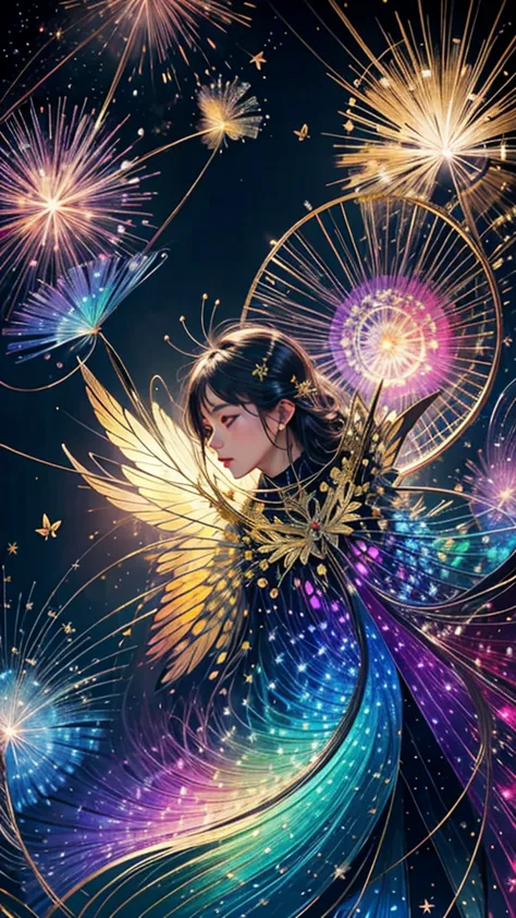 swallowtail butterfly、surrounded by butterflieysterious landscape、firework、firework大会、rainbow colorsのfireworkが打ちあがっている瞬間、夜nullとと...