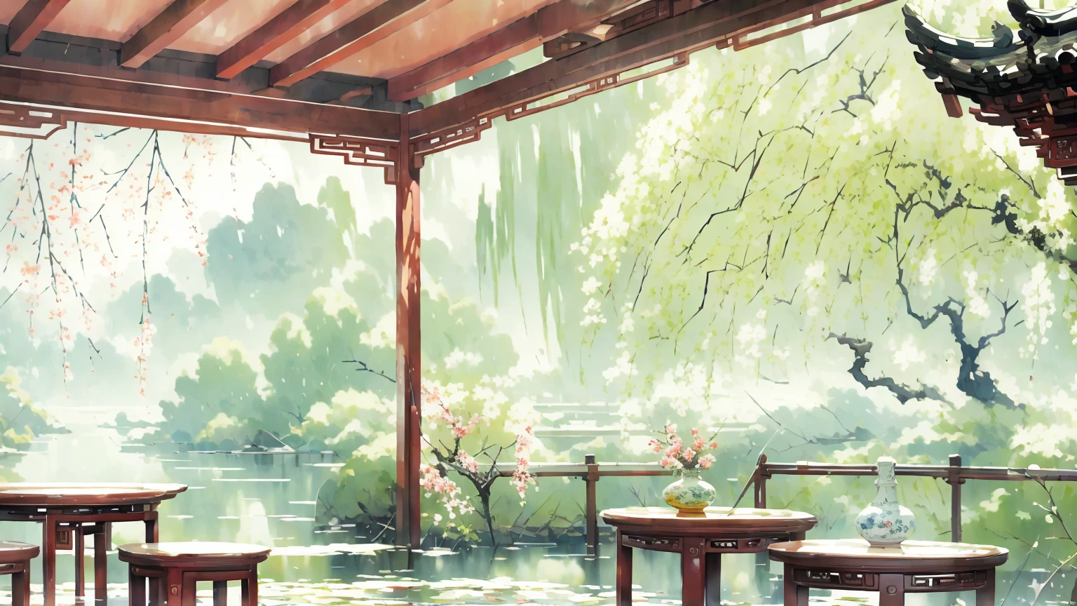 ancient style illustration chinese watercolor landscape painting watercolor willow river summer chinese landscape bare tree branch day flower leaf no human outdoors overgrown plants landscape tree tree water, Antique carved door beam, carved beam paintings, tables and chairs, potted plant, vase, porcelain, trees, flowers, masterpiece, recent quality, best details, beauty