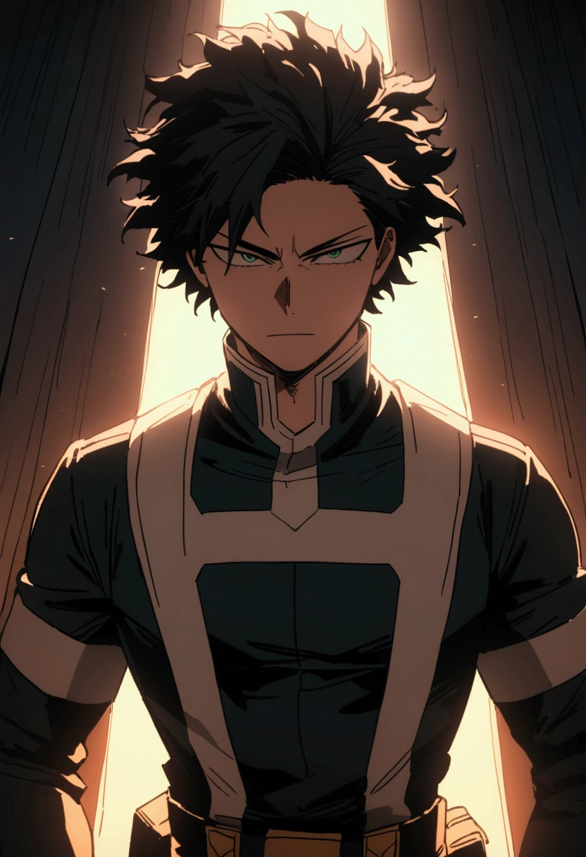  He is a 17 year old teenager, He has slightly disheveled very black hair..., somewhat light green eyes, , muscular body , sexy face, He is dressed in the anime male uniform "my hero academia", evil face, 8k, high quality, masterpiece, dramatic lighting, cinematic, vivid colors