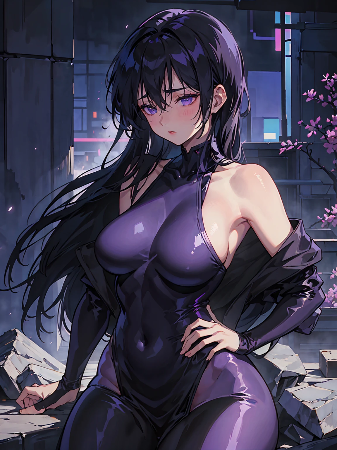 Create an intense, evocative portrait in the Japanese retro anime style of the 80s and 90s. The scene features a woman bathed in deep purple light, leaning against a wall with her arms raised, eyes closed in a moment of raw emotion. Her attire is minimal, accentuating the curves of her body and the dramatic shadows cast by the lighting. The background is stark, with sharp contrasts highlighting the contours of her form. The purple and black palette intensifies the mood, evoking a sense of mystery and allure. Subtle film grain and meticulous shading add depth and texture, emphasizing the emotional gravity of the scene. The lighting creates a chiaroscuro effect, accentuating her expressive pose and the intense atmosphere.  good quality eyes, purple eyes, ultra detailed, beautiful and aesthetically pleasing, masterpiece, 4k, ray tracing, medium body, close-up, , particles and hard neon sparkles, focus on purple and black color