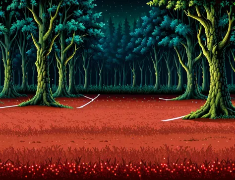 side view of a forest battleback, background, clean floor, medieval forest battleback, at night, side-view, masterpiece, trees i...