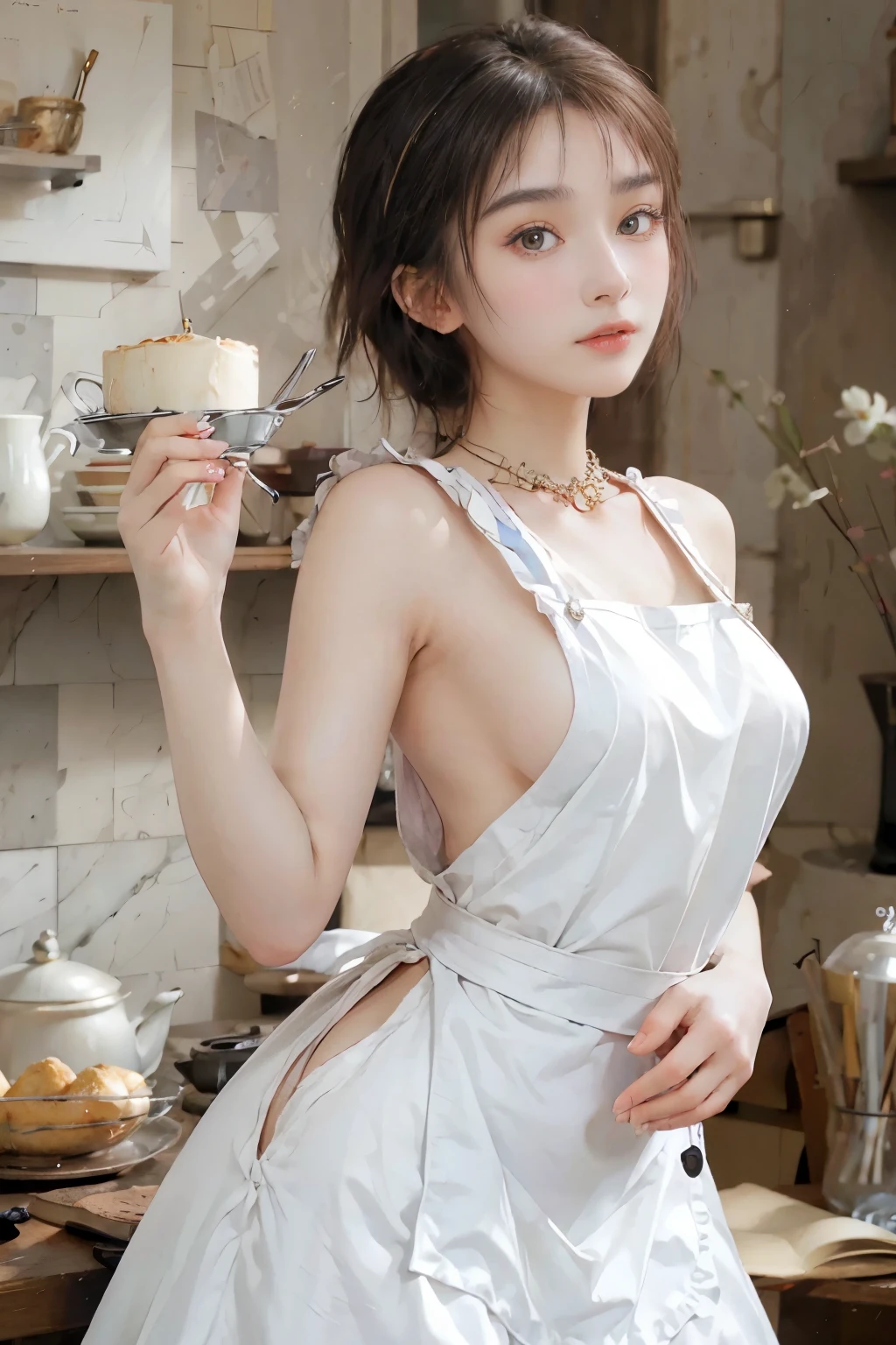 8k、Enchanting girl, Very detailed,Audrey Hepburn, Exquisite decorative details 、Stylish apron、 Very intricate details 、 Realistic Light, Very intricate details 、 Realistic Light,apron,sideboob、Put your hands behind your back