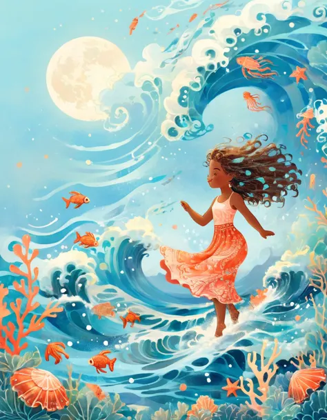 Digital illustration art, a funny illustration of a girl dancing and spinning with the waves, with extra long hair decorated wit...