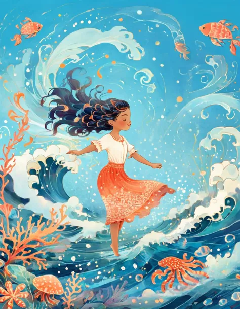 Digital illustration art, a funny illustration of a girl dancing and spinning with the waves, with extra long hair decorated wit...