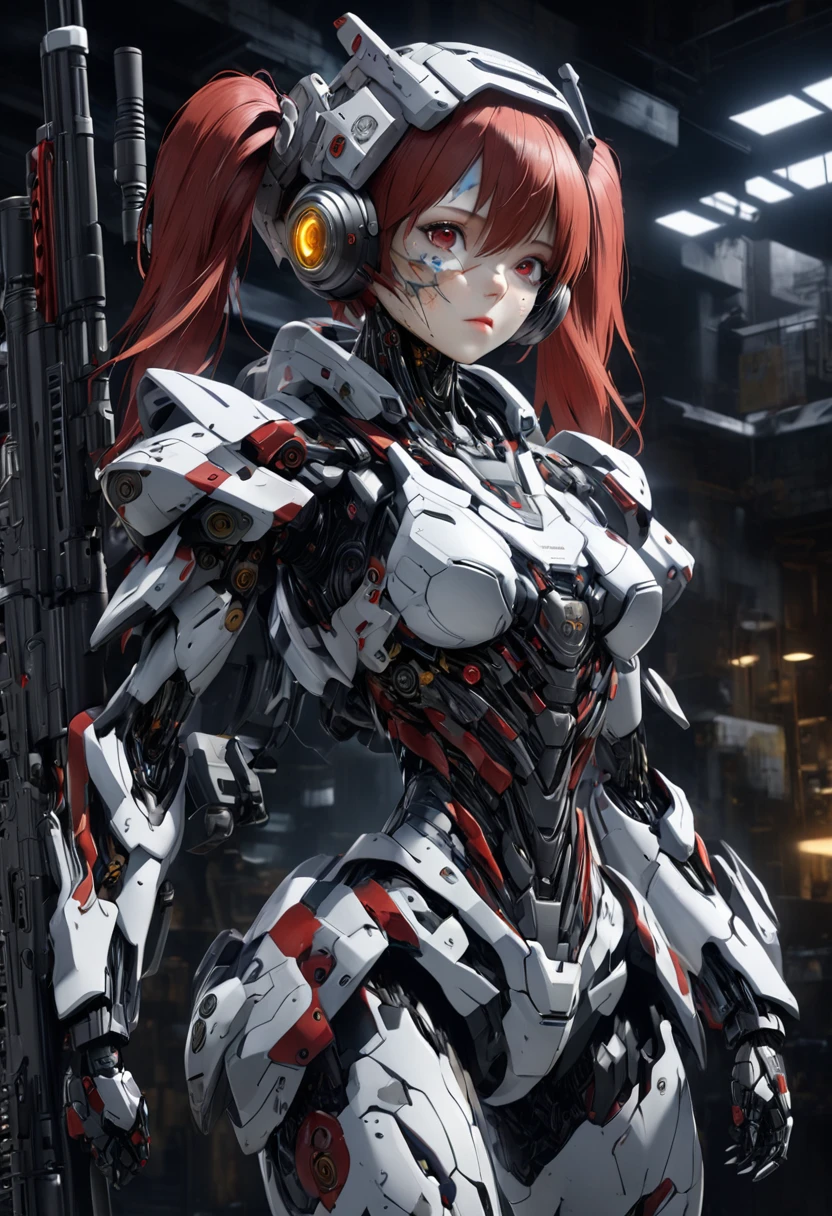 3D digital art from the fantasy world, 1girl, robot girl, red hair, twin tails, red eyes, white and gray camouflage clothing, she wearing flashy robot armor, (holding an urban camouflage long range rifle:1.5), a robot-like helmet on the head, scouter in one eye, the skin on half of the face has peeled off, the base of the cyborg is visible, face full of scars,(full body view),realistic and surreal depictions,High resolution, high precision images, 4k, 8k, best quality, hyper-detailed,  intricate details, cinematic lighting, dramatic colors, concept art style