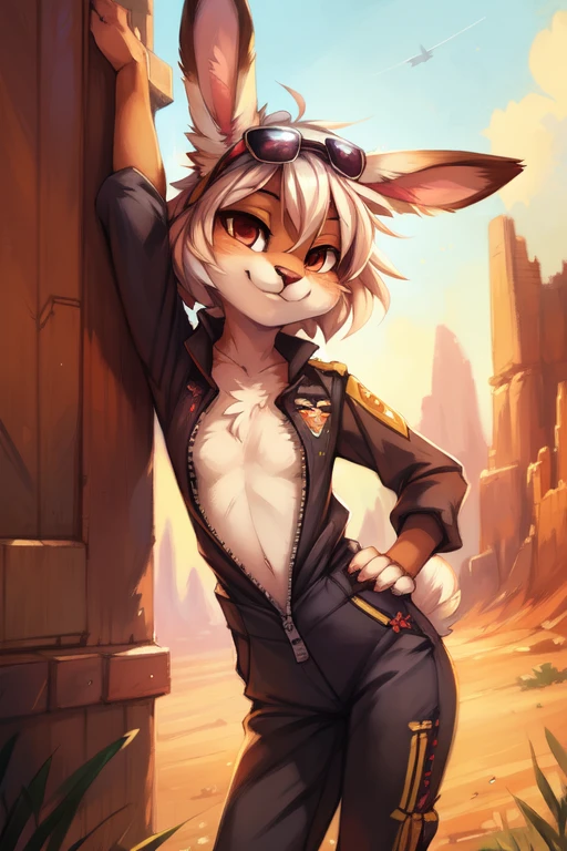 by kenket, by Zackary911, by hyattlen, by teranen, by fumiko, by Pixelsketcher, by Bayard Wu, by Einshelm, by Kilinah, by Hioshiru, by fluff-kevlar, by Dimwitdog, Furry, Anthro, solo, ((bunny)), ((female)), (slender), ((young)), ((fluffy tail)), floppy ears, ears down, short white hair, small breasts, short bunny tail, jump suit, embroidery, crotch zipper, unzipped, chest fluff, erotic, desert, sunglasses on head, ribs, smug, erotic pose, airforce pilot 