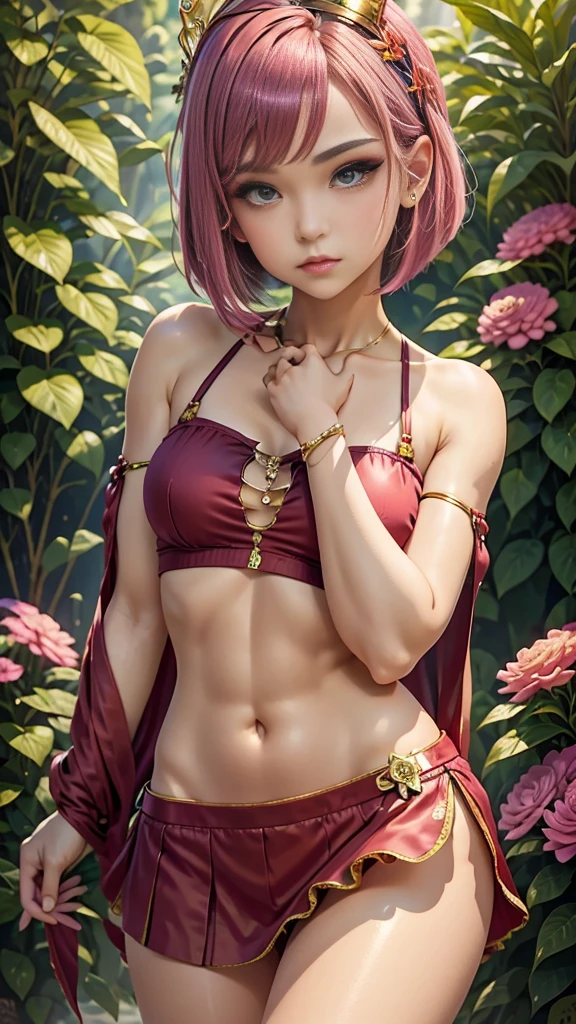 18 year old beautiful girl, masterpiece, best quality, 8K animation, detailed fingers, precise fingers, not unnatural hands, illustration, 1 girl, solo, pink bob cut, gold crown, flower hair ornament, sagging eyes, red mini skirt, YUI