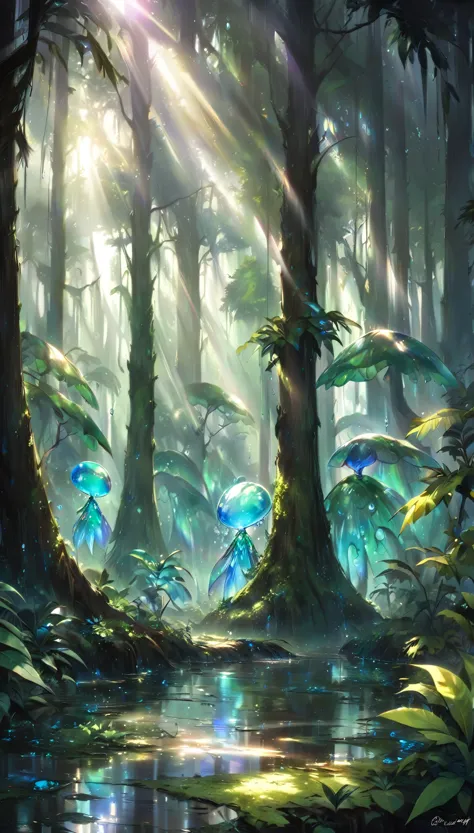 jungle exploration, lush foliage, swamps, water droplets, sunlight filtering through the trees, transparent translucent iridescent aliens (hiding in trees), transparent translucent iridescent aliens (disguised as trees), wary of us, fantasy art