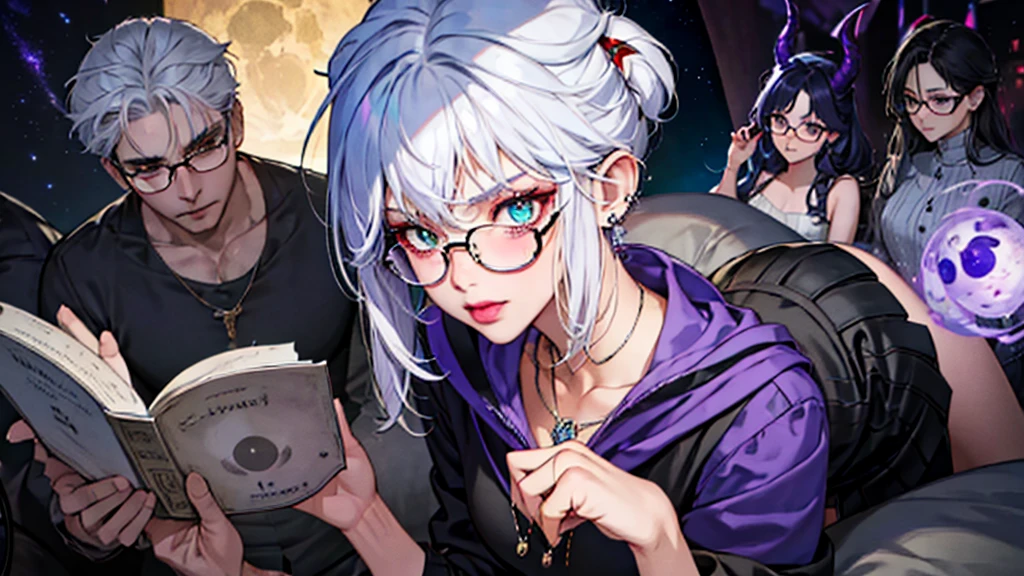 8k, masterpiece, best quality, highly detailed, 1 girl, tiefling, warlock, multicolored hair, very short straight hair green highlight hair on white hair, strippled hair, wearing glasses, round glasses, earrings, navel piercing, miniskirt, red eyeshadow, long eyelashes, blushed cheek, red lips, necklace, rings, collarbone, mole, glamorous, teal clothing, purple clothes, smirk, close up view, rings, looking at viewer, demon horns, solo, nightmarish landscape, blue pale moon, sitting, cosmic horror, decaying, holding devil books