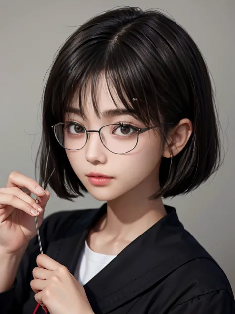 Looking into the camera,26 years old、1 Japanese female,(wear rimless glasses)(Black short bob hair)(Thin Hair)(She is wearing a ...
