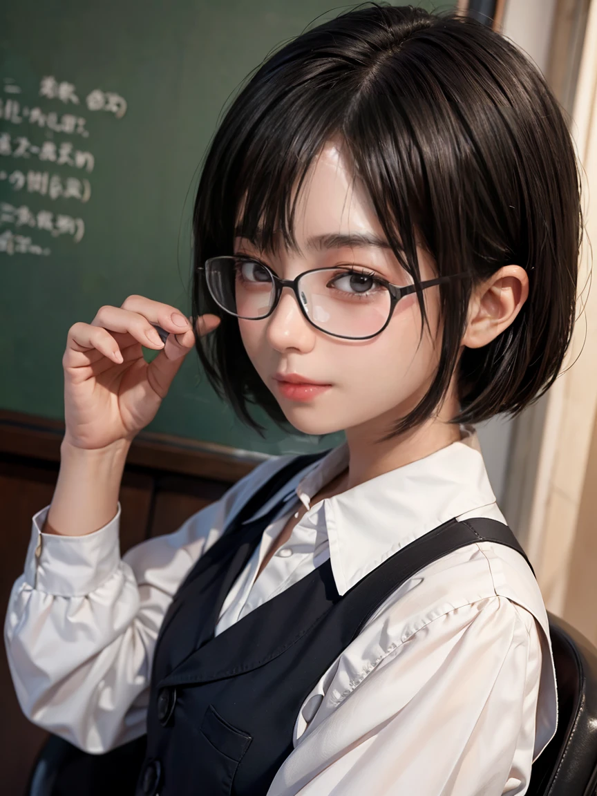 Looking into the camera,26 years old、1 Japanese female,(wear rimless glasses)(Black short bob hair)(Thin Hair)(She is wearing a schoolgirl&#39;s uniform)(Spread your legs)(Very large breasts)(Big Breasts)(Accentuate the crotch)(Her breasts are exposed from her swimsuit),(Obscene pose)(Accentuate your cleavage)(Voluptuous body),(Best image quality, (8k), Ultra-realistic, 最high quality, high quality, High resolution, high qualityの質感, Attention to detail, Beautiful details, Fine details, Extremely detailed CG, Detailed Texture, Realistic facial expressions, masterpiece, in front),(((Strict adherence to front-end configuration)))　(((Photograph the whole body)))(((She flaunts her sexiness)))(((Accentuate the crotch)))