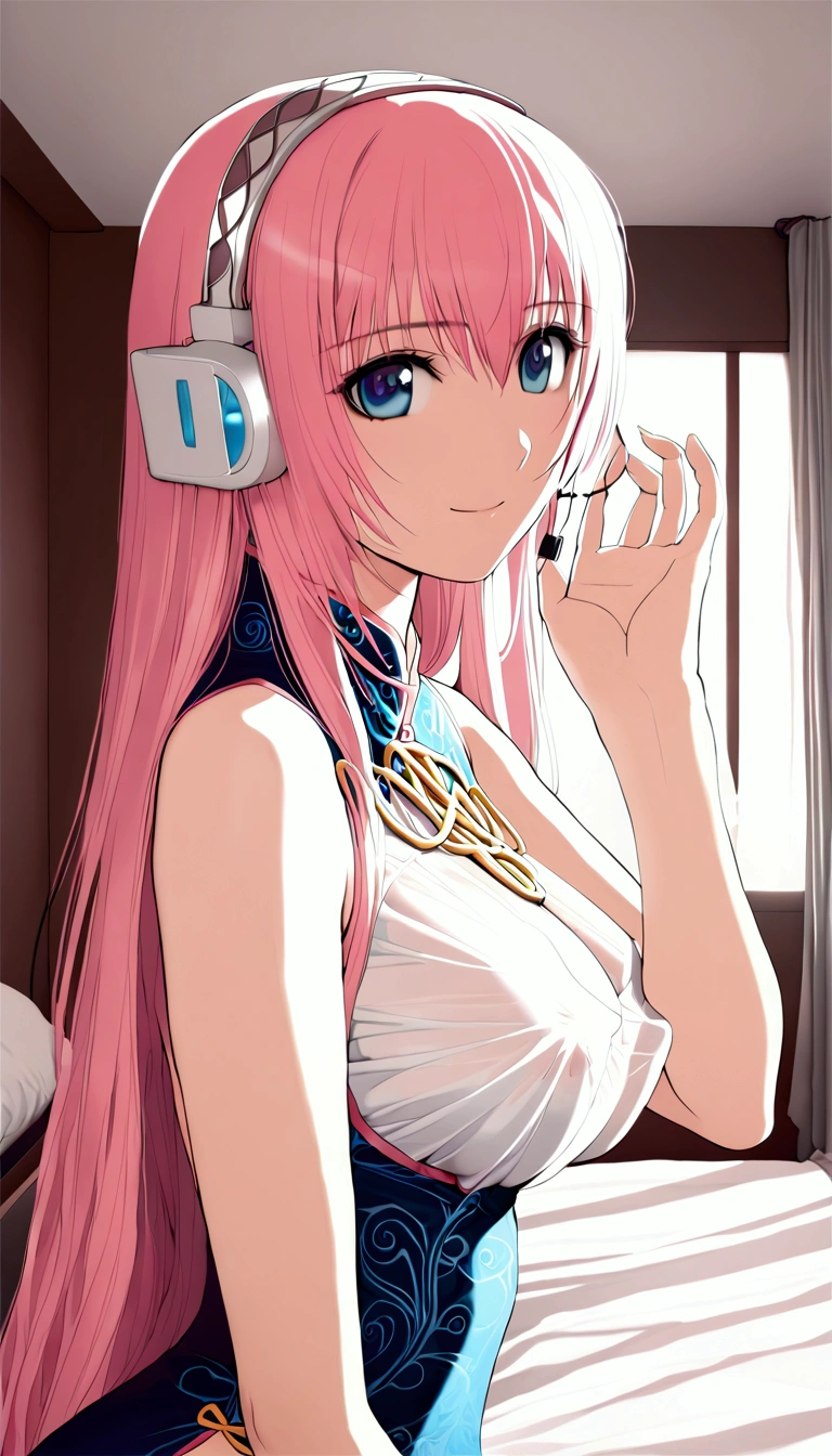 masterpiece,Beautiful adult woman ,Megurine Luka,E cup breasts,Pink long hair,blue eyes,headphone,Chinese clothing,smile,Bedroom,