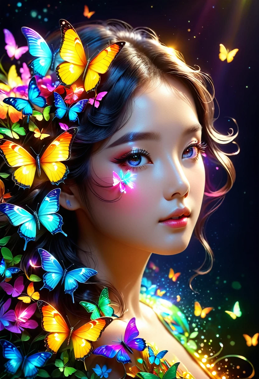 暗闇の中を羽ばたくButterfly々shine、Beautiful as a dream、Touched my heart.,Butterfly々:Rainbow:Seven colors:glow:shine,Dark background,flash,とてもflash,masterpiece,最高masterpiece,Best Paper,Beautiful scenery,excellent,優しくshineButterfly々,politely,Rendering,Unreal Engine,Elements of Zentalg,Intricate details,politely描く,careful,Light Particles:闪闪glow的鳞片,Butterflyの羽ばたきの軌跡がshine,rich and colorful,rich and rich and colorful,Anatomically correct,Beautiful light and shadow,mystery,fantasy,fantasy,The Art of Mathematics