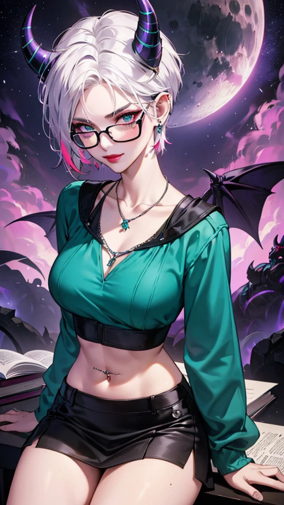 8k, masterpiece, best quality, highly detailed, 1 girl, tiefling, warlock, multicolored hair, very short straight hair green highlight hair on white hair, strippled hair, wearing glasses, round glasses, earrings, navel piercing, miniskirt, red eyeshadow, long eyelashes, blushed cheek, red lips, necklace, rings, collarbone, mole, glamorous, teal clothing, purple clothes, smirk, close up view, rings, looking at viewer, demon horns, solo, nightmarish landscape, blue pale moon, sitting, cosmic horror, decaying, holding devil books