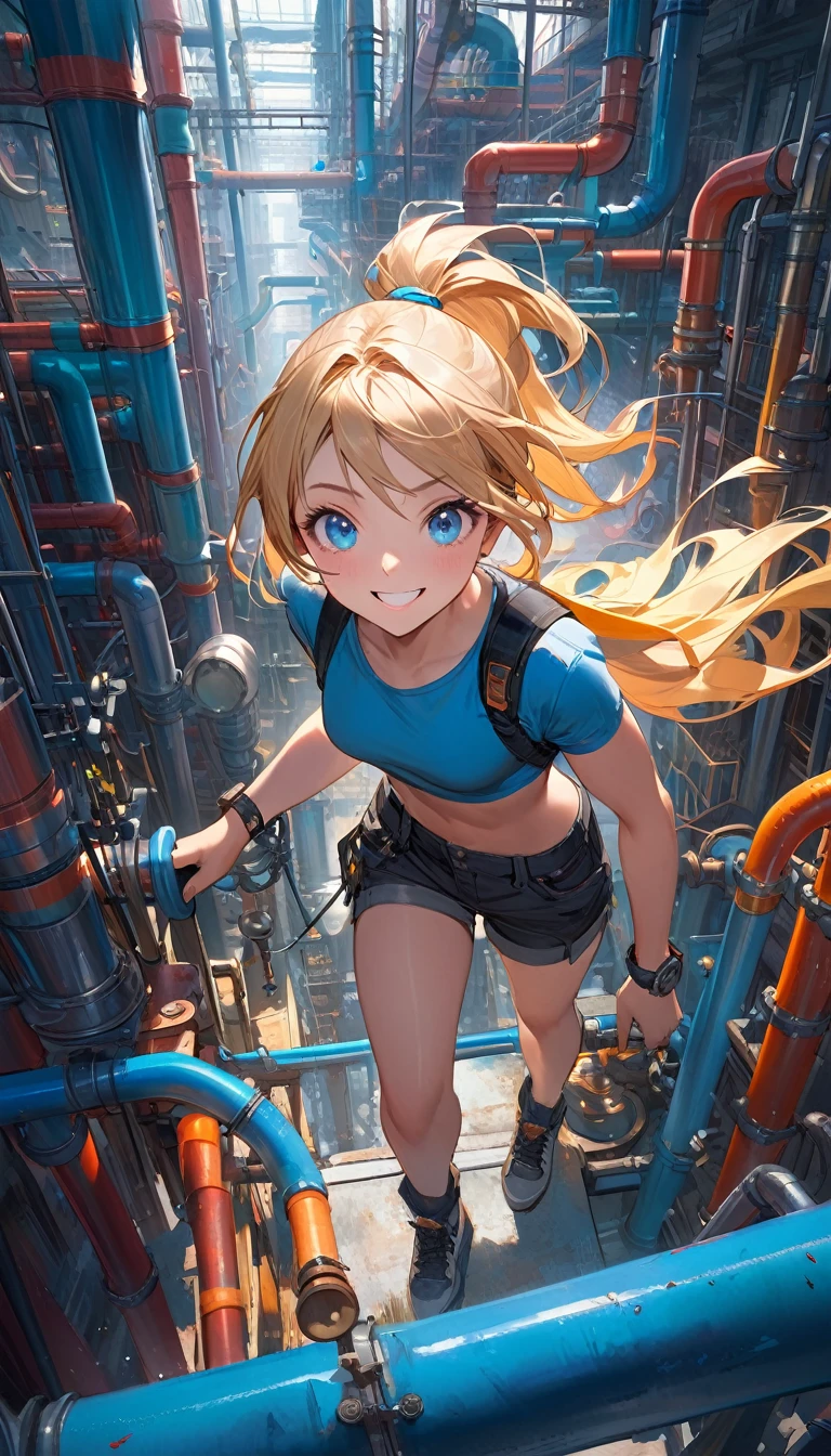 (from above), ultra high definition, best quality, masterpiece, highres, (colorful), (saturated color), artstation, concept art, smooth, sharp focus, illustration, solo, female worker, Hyper realism, small breast, detailed face, delicate face, focus on face, excited smile,((pov)), wide eyes, blue eyes, blonde pony tail hair, crop top and short pants, (lightly muscled body), (climbing pipes), pipe jungle, industrial pipes, architecture made up of pipes and valves, tubular creature, Huge maze of pipes spread highly inside the factory, steam blowing out