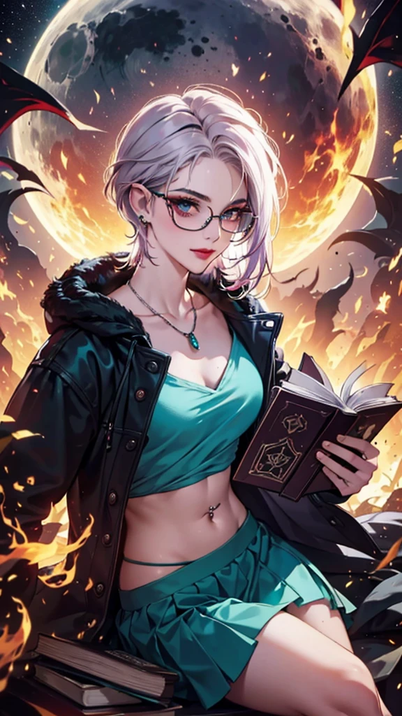 8k, masterpiece, best quality, highly detailed, 1 girl, tiefling, warlock, multicolored hair, very short straight hair green highlight hair on white hair, strippled hair, wearing glasses, round glasses, earrings, navel piercing, miniskirt, red eyeshadow, long eyelashes, blushed cheek, red lips, necklace, rings, collarbone, mole, glamorous, teal clothing, purple clothes, smirk, close up view, rings, looking at viewer, demon horns, solo, nightmarish landscape, blue pale moon, sitting, cosmic horror, decaying, holding devil books