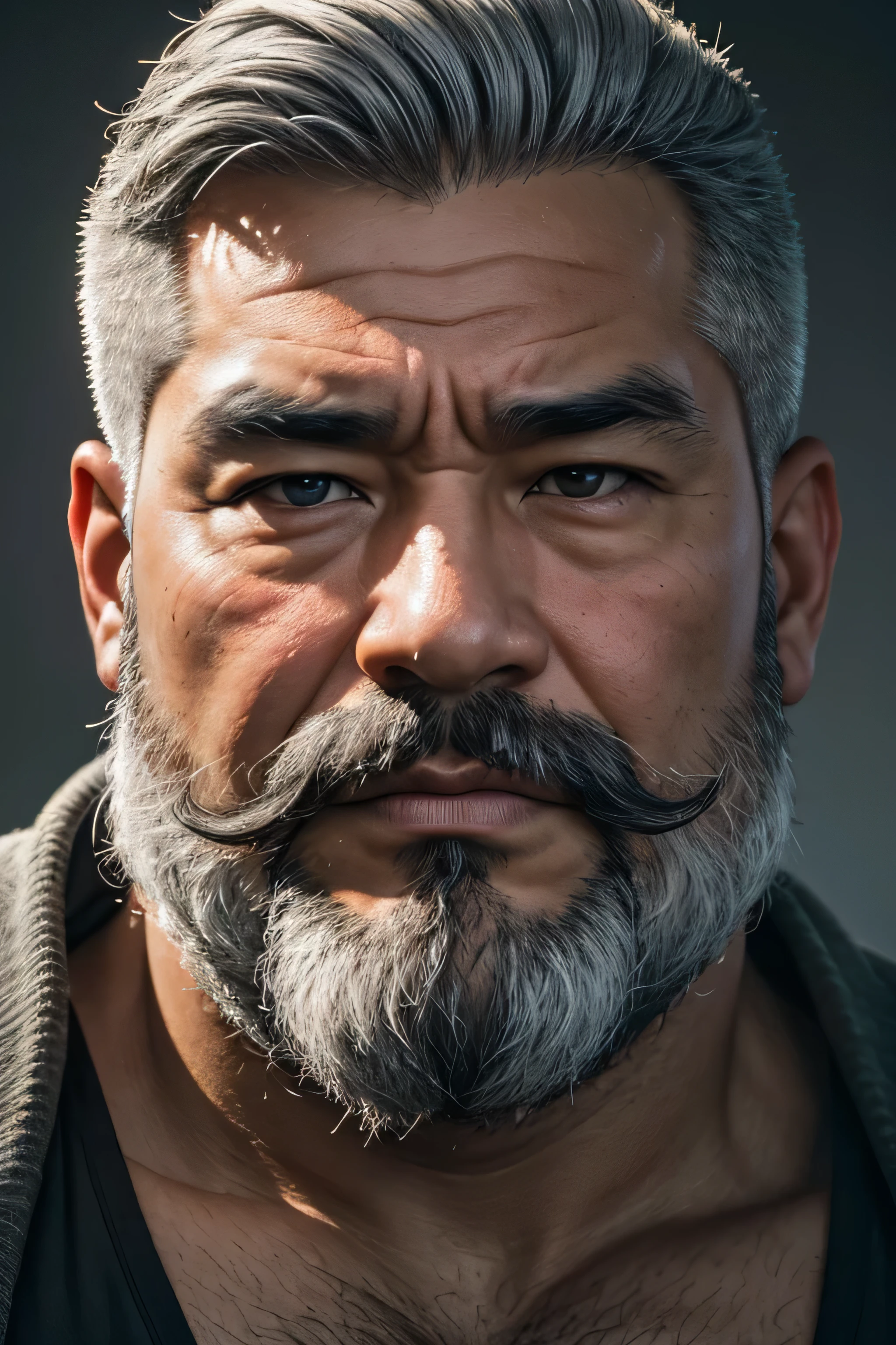 (8K, high definition, high quality, highly detailed) Chubby-faced handsome Asian. gray hair. headshot. not looking at the camera. dramatic lighting. full gray beard. thick gray mustache.