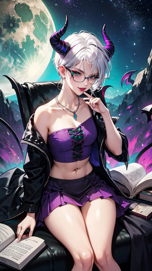 8k, masterpiece, best quality, highly detailed, 1 girl, tiefling, warlock, multicolored hair, very short straight hair green highlight hair on white hair, strippled hair, wearing glasses, round glasses, earrings, navel piercing, miniskirt, red eyeshadow, long eyelashes, blushed cheek, red lips, necklace, rings, collarbone, mole, glamorous, teal clothing, purple clothes, smirk, close up view, rings, looking at viewer, demon horns, solo, nightmarish landscape, blue pale moon, sitting, cosmic horror, decaying, holding devil books