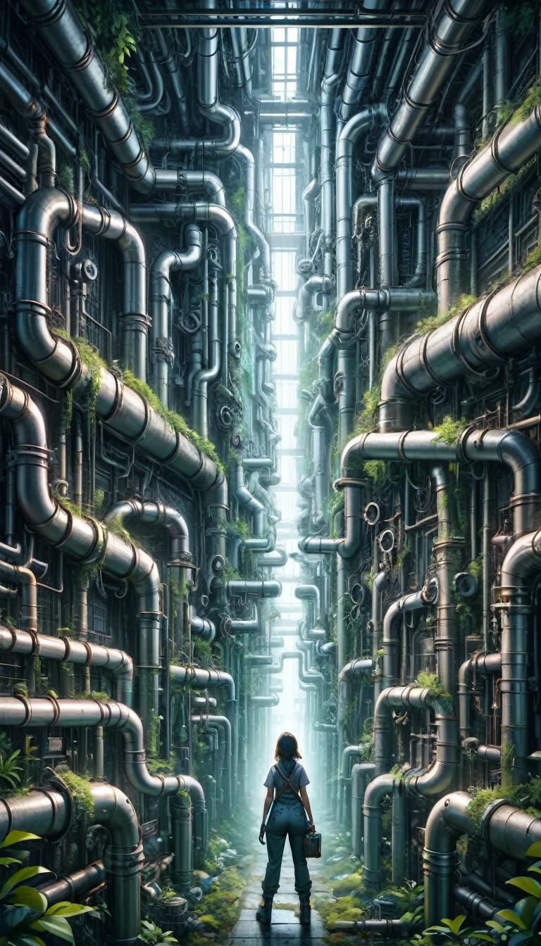 pipe jungle, industrial pipes, architecture made up of pipes and valves, tubular creature, vertical wallpaper, Huge maze of pipes spread highly inside the factory, steam blowing out, A female worker holding toolbox is looking up, POV, in the glow of soft, cinematic light