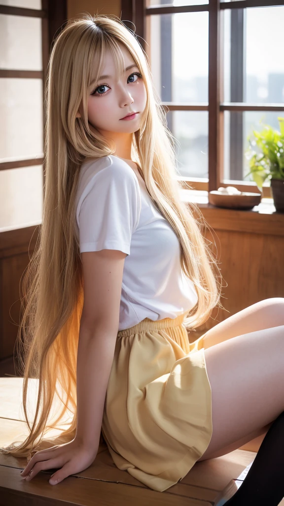 Highest quality、Highest quality、High resolution、8k、masterpiece、Young Japanese Woman、One Woman、blonde、blonde、Long Hair、Blurred Background、Big eyes、Daytime、sunlight、Tight Skirt、Sit and open your legs、