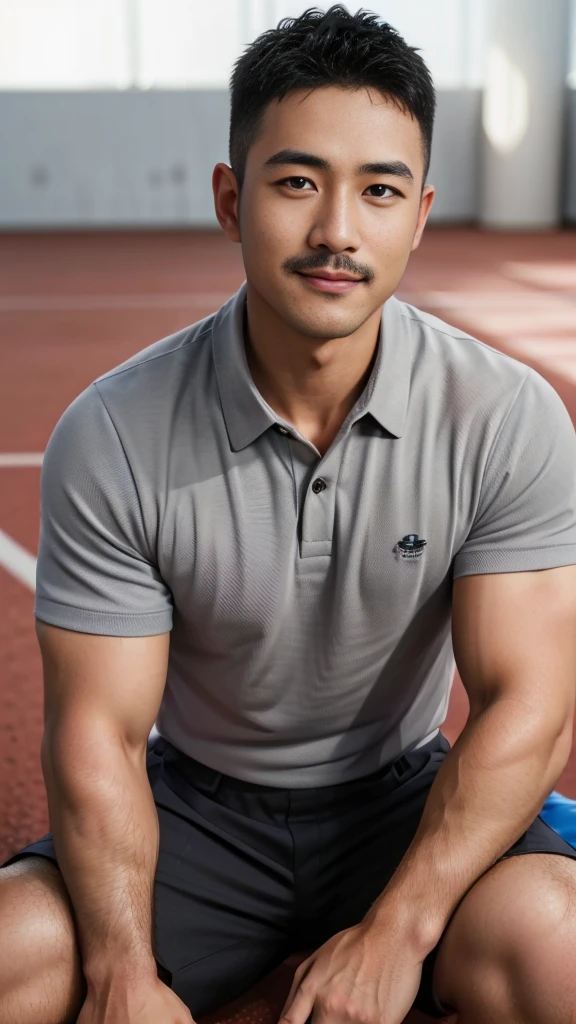 Masterpiece, best quality, high resolution, realistic, handsome, Take beautiful photos, A photo of a 35-year-old Gym Association member sitting on the floor. (The man has a thin mustache.) ,Full body, Portrait, standing on the football field, make military media, weight, Amazing , Buzzcut short hair,stubble head , (Hyper Muscle),looking at the audience, Flirt with the camera, charming, (Tight gray polo shirt Cargo pants ),(GS-Male:1), 8k,Bokeh,Portrait,look at the viewer, smile 