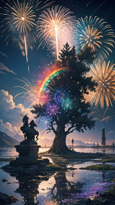 horse、horseたちに囲まれて、mysterious landscape、firework、firework大会、rainbow colorsのfireworkが打ちあがっている瞬間、夜nullとともに、草原な景色で壮大なfirework、futur...