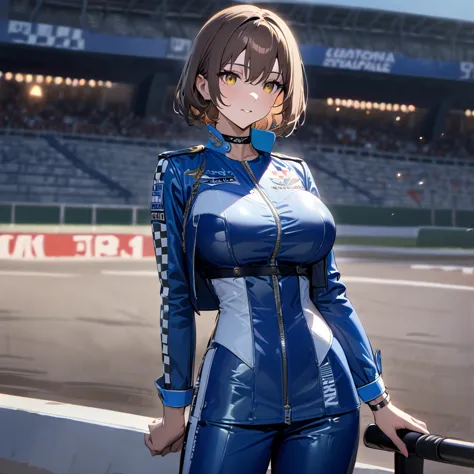 a woman wearing a blue race queen outfit, big breasts, blue leather boots, holding an iron bar with a racing flag, blue race car...