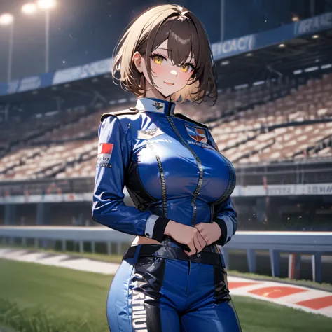 a woman wearing a blue race queen outfit, big breasts, blue leather boots, holding an iron bar with a racing flag, blue race car...