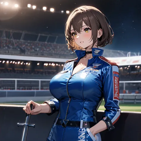 a woman wearing a blue race queen outfit, big breasts, blue leather boots, holding an iron bar with a racing flag, blue race car...