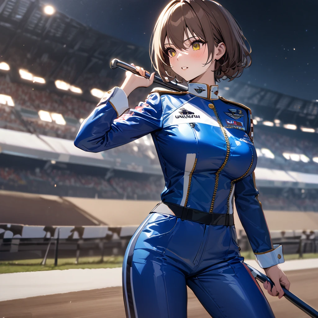 A woman wearing a blue race queen outfit, big breasts, blue leather boots, holding an iron bar with a racing flag, blue race car next to her, on a race track, brown hair, short hair, yellow eyes, posture standing, night place, background bleachers.(solo woman) ,UHD , prime work , accurate , anatomically correct , textured skin , super details , high quality , best quality, 8k, high resolution, bokeh effect,
