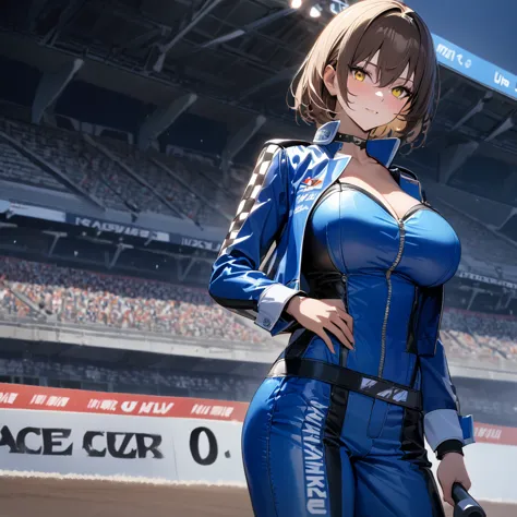 a woman wearing a blue race queen outfit, big breasts, blue leather boots, holding an iron bar with a racing flag, blue race car...