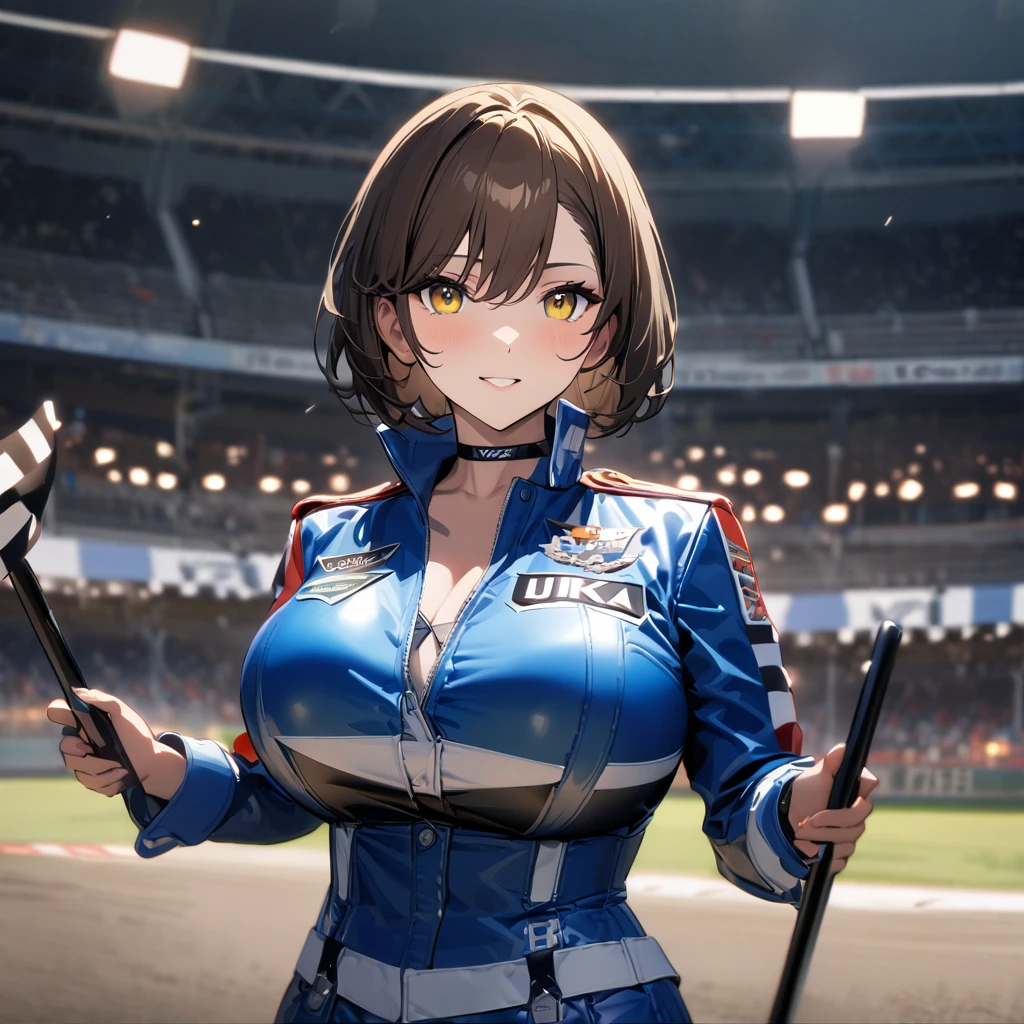 A woman wearing a blue race queen outfit, big breasts, blue leather boots, holding an iron bar with a racing flag, blue race car next to her, on a race track, brown hair, short hair, yellow eyes, posture standing, night place, background bleachers.(solo woman) ,UHD , prime work , accurate , anatomically correct , textured skin , super details , high quality , best quality, 8k, high resolution, bokeh effect,
