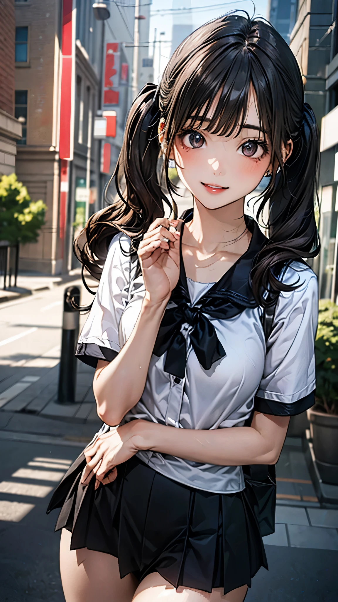 (masterpiece:1.2, top-quality), (realistic, photorealistic:1.4), beautiful illustration, (natural side lighting, movie lighting), nsfw, 
looking at viewer, cowboy shot, front view:0.6, 1 girl, japanese, high school girl, perfect face, cute and symmetrical face, shiny skin, 
(short hair, twintails, waved hair, dark hair), blunt bangs, gray eyes, long eye lasher, (medium breasts:0.8, thick thighs), 
beautiful hair, beautiful face, beautiful detailed eyes, beautiful clavicle, beautiful body, beautiful chest, beautiful thigh, beautiful legs, beautiful fingers, 
frilld, a black ribbon, black miniskirt, frilld, jirai kei attire, piercings, 
(beautiful scenery), night, (tree-lined street), walking, (lovely smile, upper eyes, parted lips),