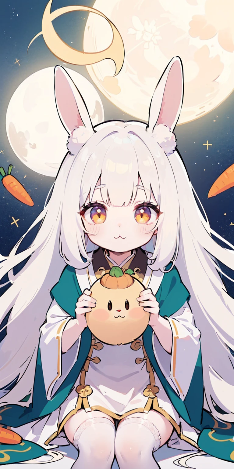 (>3<:2)
Chang'e,the Jade Hare,the Moon Palace,rabbit ears, 
White hair, extra long hair, sister cut, Hanfu, extra long skirt,
Golden eyes, golden pupils,
(White stockings: 1.5)(Moon magnification: 1.5)
Sitting on the Cloud,Holding the golden carrot,