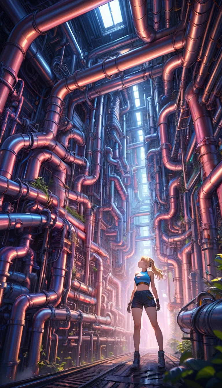 (from below), ultra high definition, best quality, masterpiece, highres, (colorful), (saturated color), pipe jungle, industrial pipes, architecture made up of pipes and valves, tubular creature, vertical wallpaper, Huge maze of pipes spread highly inside the factory, steam blowing out, A female worker holding toolbox is looking up, blonde pony tail hair, crop top and short pants, POV, in the glow of soft, cinematic light