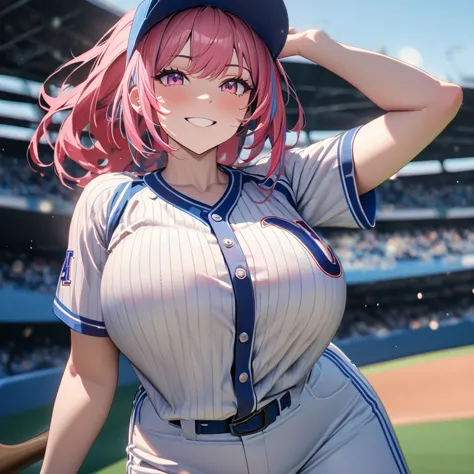 a woman wearing a baseball uniform, white shirt with a blue stripe, white sports shorts with a blue stripe, sports shoes, on a b...