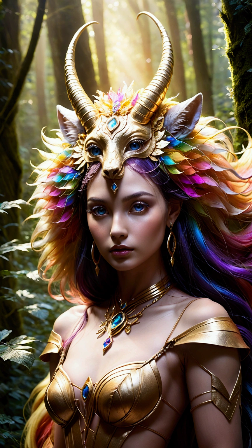 A beautiful, enchantingly elusive humanoid faunus woman, every aspect exudes magic in the midst of danger: shimmering rainbow fur, ethereal golden horn, and eyes that seem to hold the secrets of the universe. The mystical creature is surrounded by a lush, enchanted forest, bathed in the soft light of the setting sun, creating a dreamlike atmosphere that transports viewers to a realm of fantasy and wonder. This breathtaking image is a digital painting that captures the essence of the mythical creature with stunning detail and masterful technique, making it a truly mesmerizing work of art.