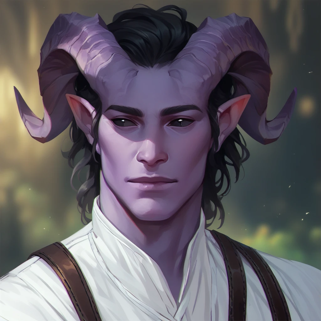 (((beautiful, high quality))), portrait, score_9, score_8_up, score_7_up, Tiefling, pointed ears, horns, colored sclera, 1man, purple skin, black hair, black eyes, white shirt, fantasy background, blurred background