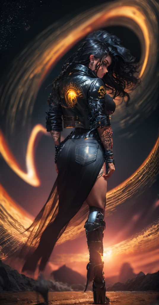 Tall Tough tattooed 40yo latina biker chick, Adult  Model Daisy Marie with two strong legs dancing swirling twirling almost collapsing on Saturn's moon Calisto, looking like a creation that could actually survive there, wearing black leather graphics jacket and long leather-like denim dress that touches the ground split in the middle for riding, magic, art, wind, wind blown, spark, lightshow, fireflies, watching the rise of the distant Sun, with Saturn fully visible in the foreground, 36k resolution Kodak professional photography, hyperdetailed, Waiting to start