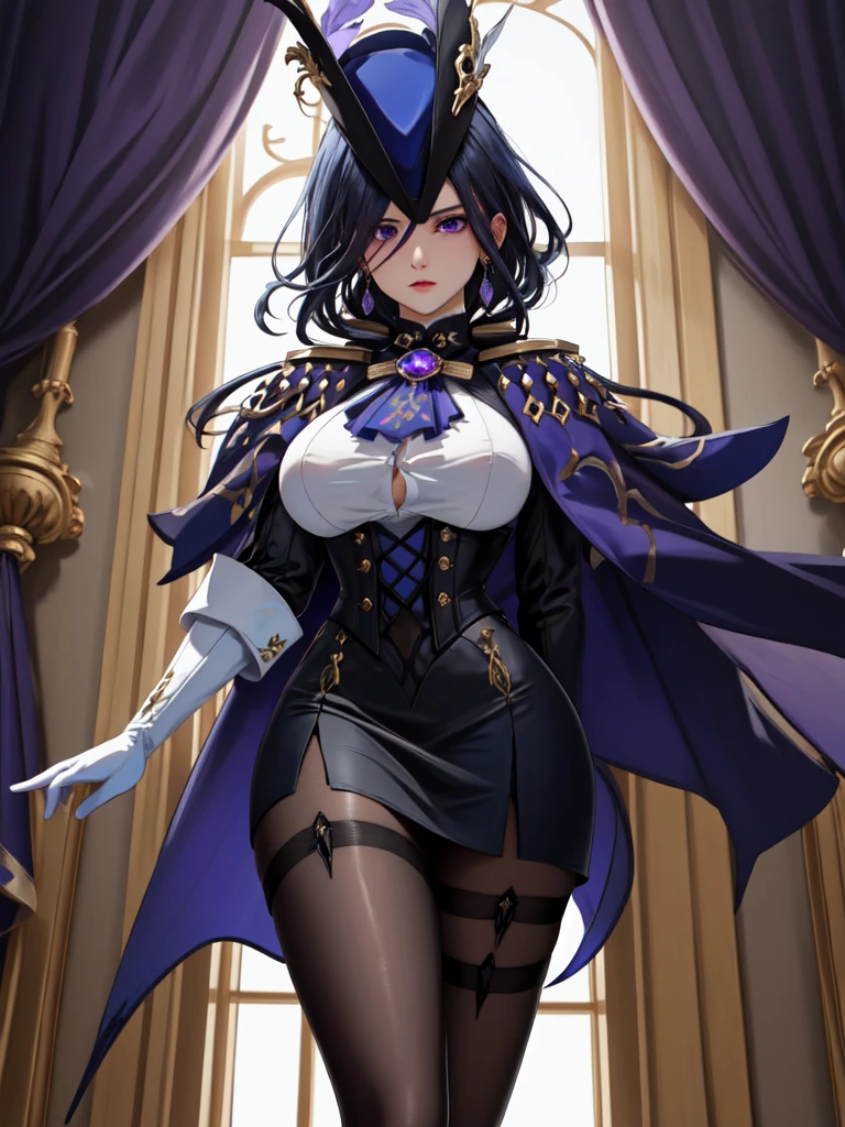 masterpiece, best quality, highly detailed, 1girl, solo, giclorinde, purple eyes, large breasts, hair between eyes, long hair, dark blue hair, earrings, black skirt, miniskirt, pantyhose, purple ascot, purple capelet, black corset, black pantyhose, black skirt, white gloves, hat, tricorne, 