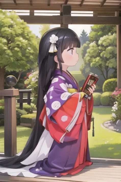 (masterpiece，High resolution，16K，Highest quality:1.2)，One Girl，alone, Very short stature，(Twelve-layered kimono:1.2), (12-layer kimono:1.2), (Very long straight black hair:1.2), (Hair accessories are prohibited:1.2), Red kimono, Court coat of arms, Open burdock, Purple and red hakama, White Moscato, Red bordered strip, Whole Body, From diagonally ahead, from the front, Simple Background，Overlooking the large garden，At dusk，
