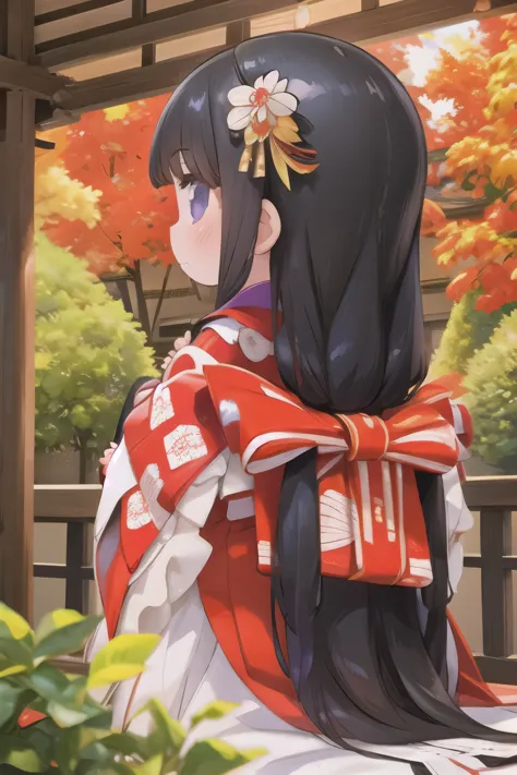 (masterpiece, Highest quality:1.2), One Girl，alone, Very short stature，(Twelve-layered kimono:1.2), (12-layer kimono:1.2), (Very long straight black hair:1.2), (Hair accessories are prohibited:1.2), Red kimono, Court coat of arms, Open burdock, Purple and red hakama, White Moscato, Red bordered strip, Whole Body, From diagonally ahead, from the front, Simple Background，Overlooking the large garden，At dusk，