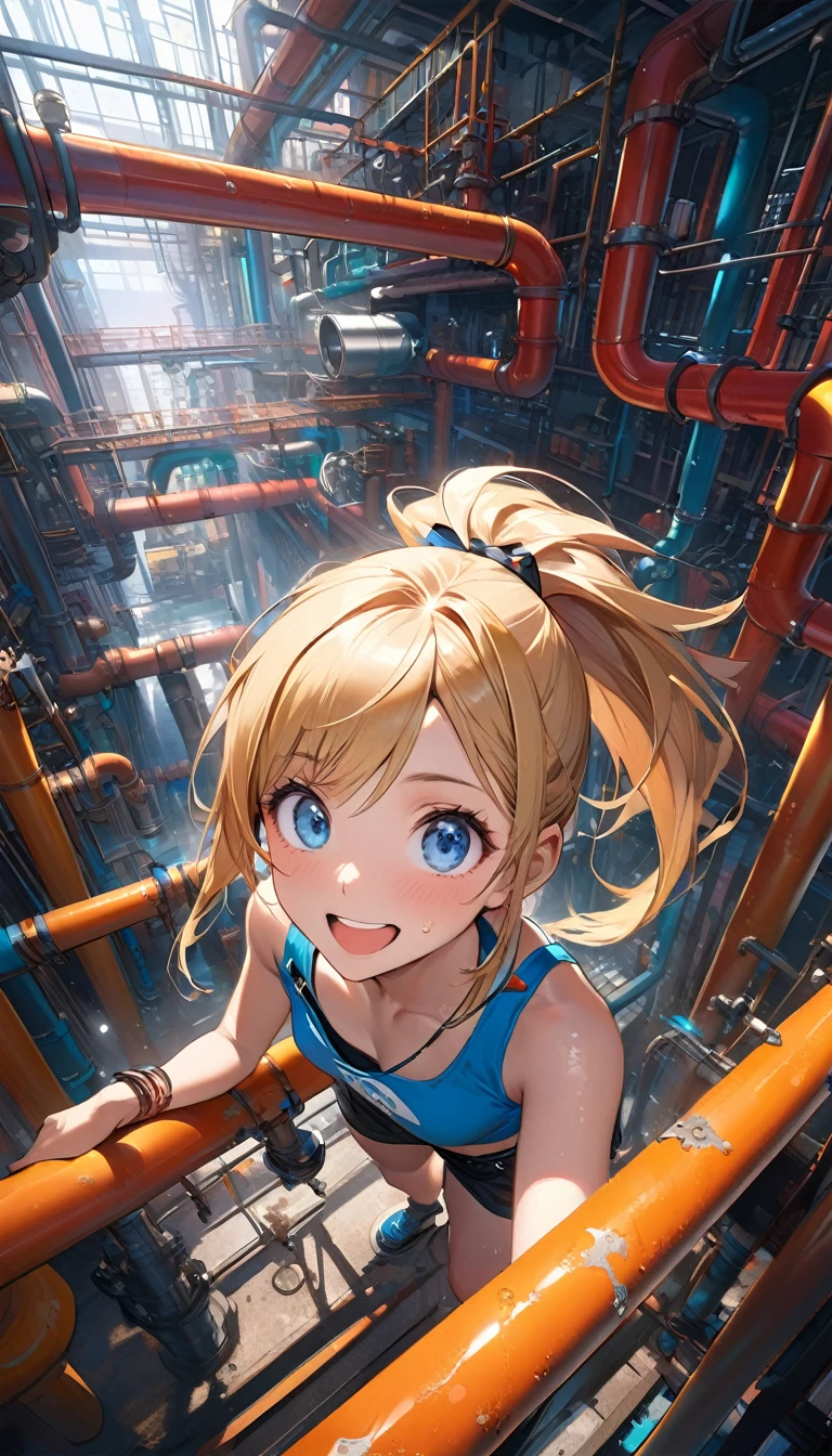 (from above), ultra high definition, best quality, masterpiece, highres, (colorful), (saturated color), artstation, concept art, smooth, sharp focus, illustration, solo, female worker, Hyper realism, small breast, detailed face, delicate face, dirty face and sweat, focus on face, excited smile,((pov)), wide eyes, blue eyes, blonde pony tail hair, crop top and short pants, (lightly muscled body), (climbing pipes at very high position), pipe jungle, industrial pipes, architecture made up of pipes and valves, tubular creature, Huge maze of pipes spread highly inside the factory, steam blowing out