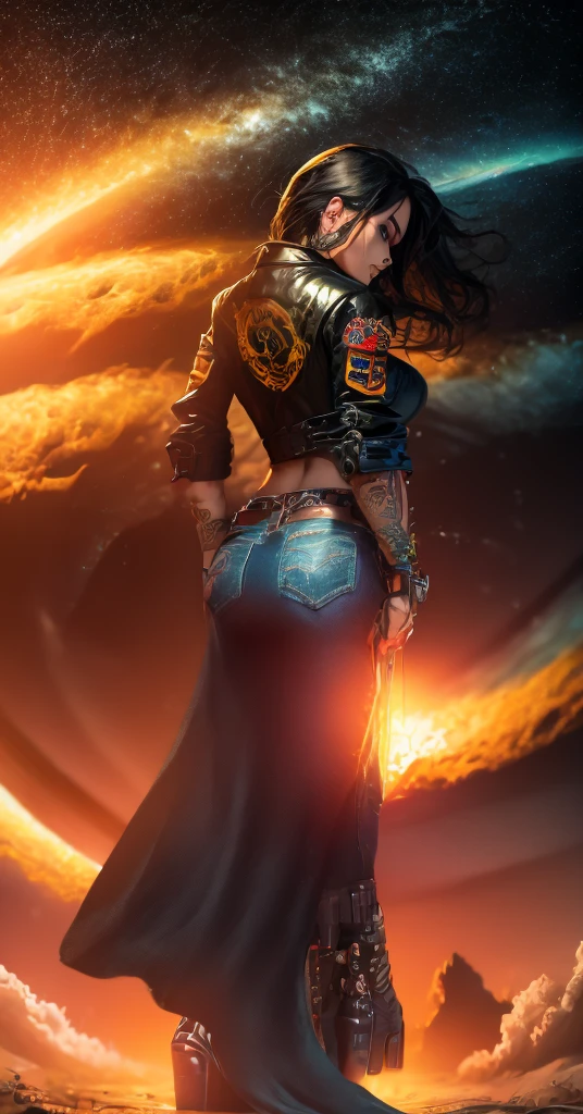 Tall Tough tattooed 40yo latina biker chick, Adult  Model Daisy Marie with two strong legs dancing swirling twirling almost collapsing on Saturn's moon Calisto, looking like a creation that could actually survive there, wearing black leather graphics jacket and long leather-like denim dress that touches the ground split in the middle for riding, magic, art, wind, wind blown, spark, lightshow, fireflies, watching the rise of the distant Sun, with Saturn fully visible in the foreground, 36k resolution Kodak professional photography, hyperdetailed, Waiting to start