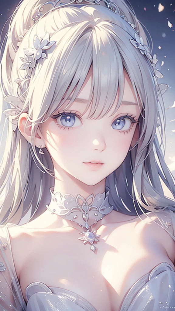 Mujer con vestido blanco, obra de arte al estilo de Gwaiz, Gwaiz en pixiv artstation, Gwaiz en artstation pixiv, Gwaiz, estilo de arte de fantasía, obra maestra de gwaiz, reina hermosa y elegante, Hermosos dibujos de personajes., arte de anime digital detallado, Princesa rubia, pelo canoso, ojos azul cielo, Labios rosados,(Cara muy delicada y hermosa.), (Ojos hermosos en cada detalle.),