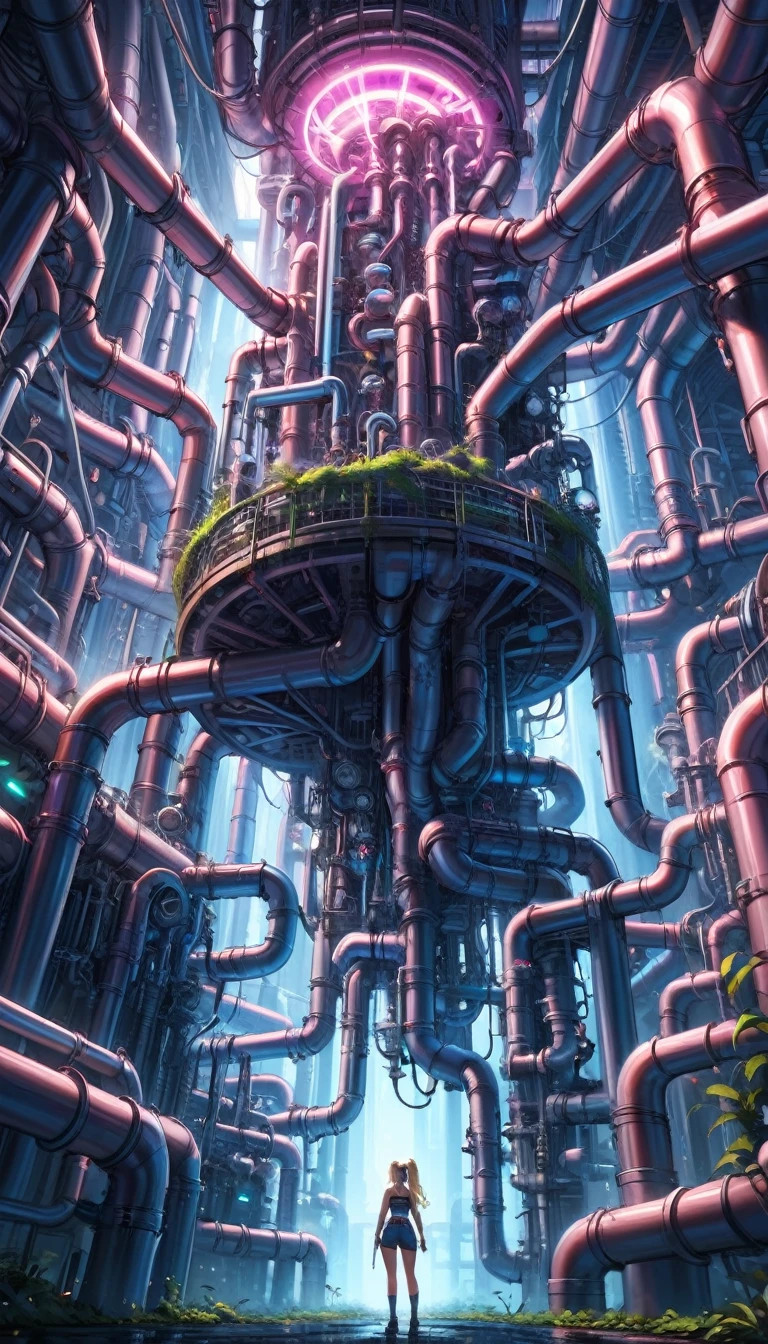 (from below), ultra high definition, best quality, masterpiece, highres, (colorful), (saturated color), pipe jungle, industrial pipes, architecture made up of pipes and valves, tubular creature, vertical wallpaper, Huge maze of pipes spread highly inside the factory, steam blowing out, A female worker is hanging on the pipe at high position, blonde pony tail hair, crop top and short pants, POV, in the glow of soft, cinematic light