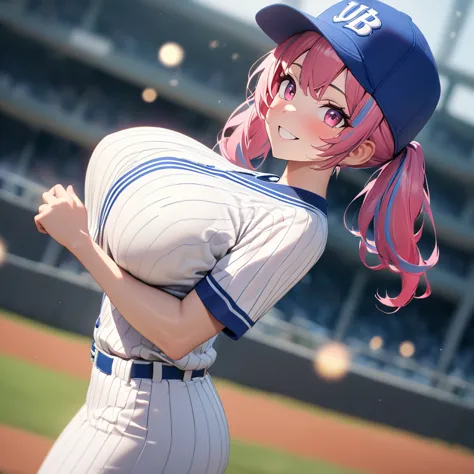 a woman wearing a baseball uniform, white shirt with a blue stripe, white sports shorts with a blue stripe, sports shoes, on a b...