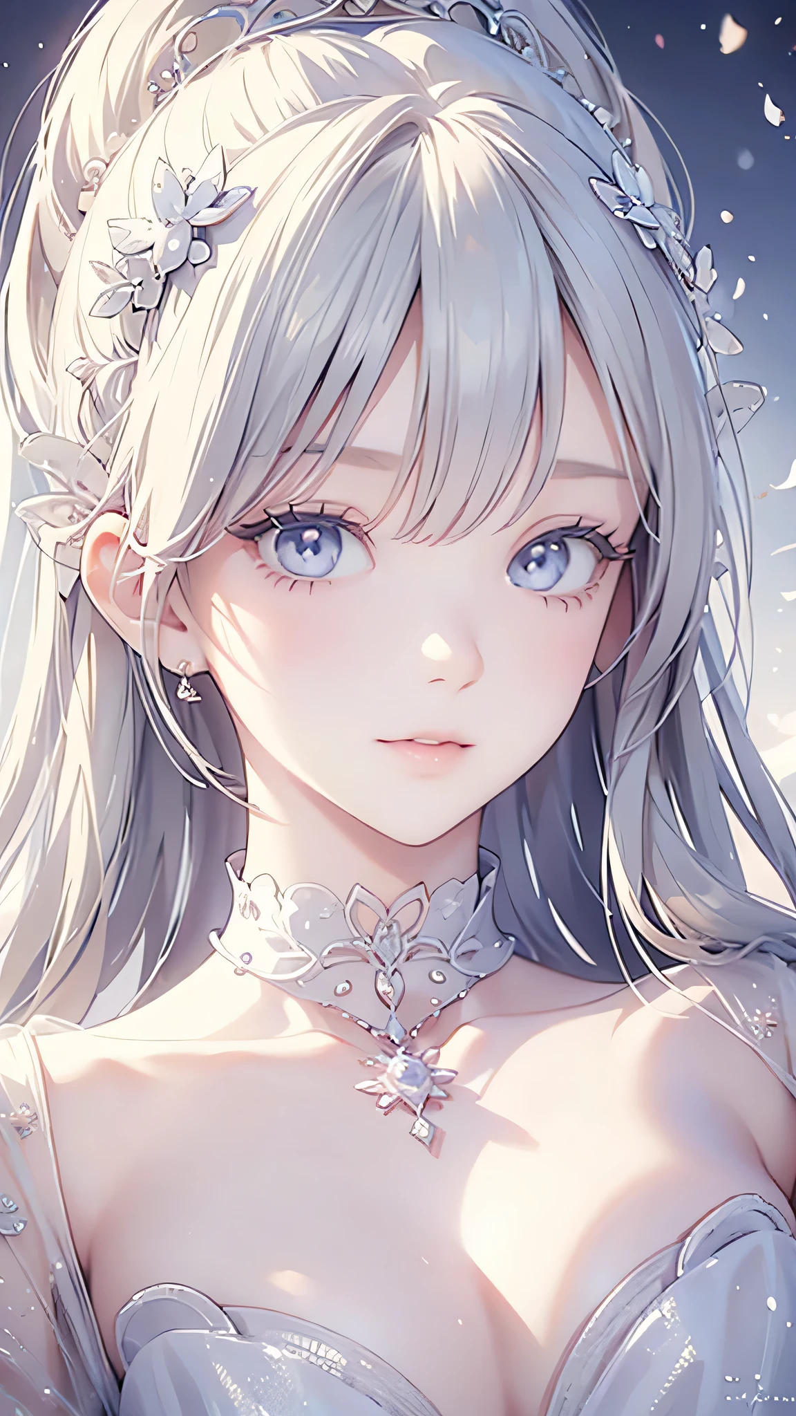 Femme en robe blanche, œuvres d&#39;art dans le style de Gwaiz, Gwaiz sur Pixiv artstation, Gwaiz sur artstation Pixiv, Gwaiz, style artistique fantastique, Chef-d&#39;œuvre de Gwaiz, Reine belle et élégante, beaux dessins de personnages, art animé numérique détaillé, princesse blonde, cheveux gris, yeux bleu ciel, Lèvres roses,(Visage très délicat et beau), (De beaux yeux dans les moindres détails),